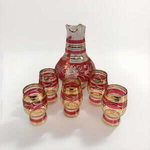 Bohemia Decanter Pitcher & 5 Glasses Made in Czech Republic Mid. 20th Rare